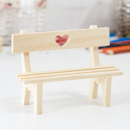 Miniatur Bank mit Herz aus Holz, 10cm oder 13cm – Wichtel Zubehör für Puppenhaus, Diorama und Modellbau