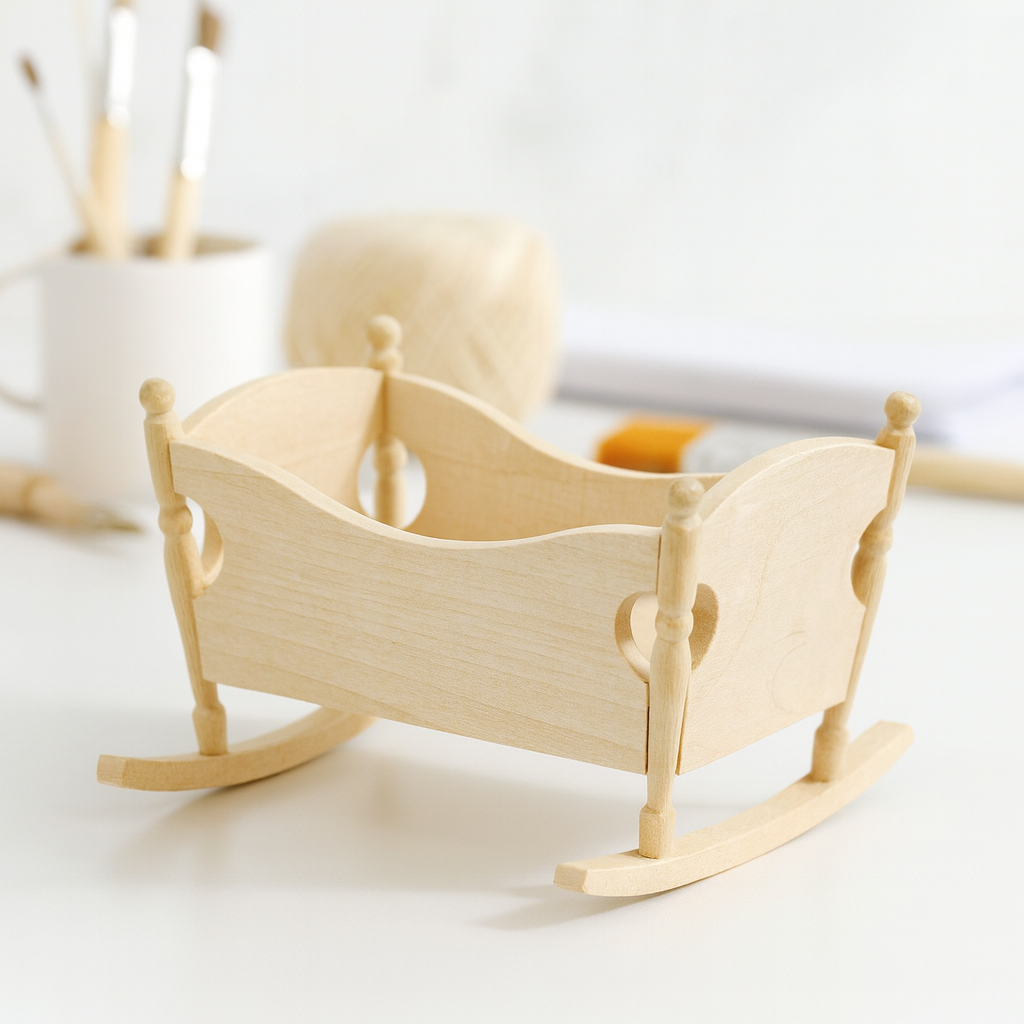 Miniatur Wiege / Babywiege aus Holz 8x7x5,5cm – Wichtel Zubehör für Puppenhaus, Diorama und Modellbau