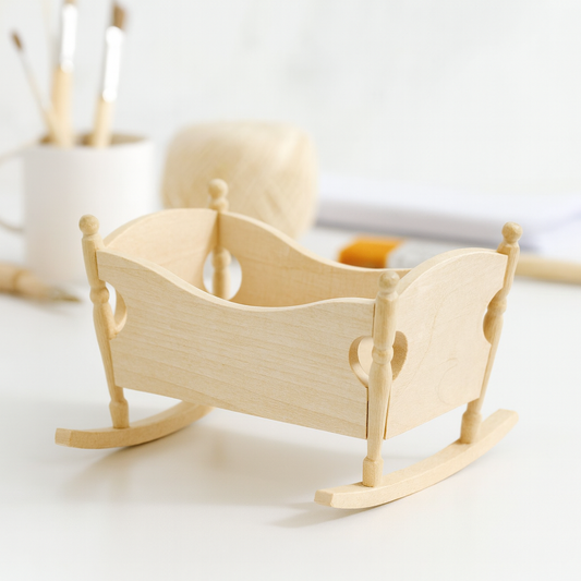 Miniatur Wiege / Babywiege aus Holz 8x7x5,5cm – Wichtel Zubehör für Puppenhaus, Diorama und Modellbau