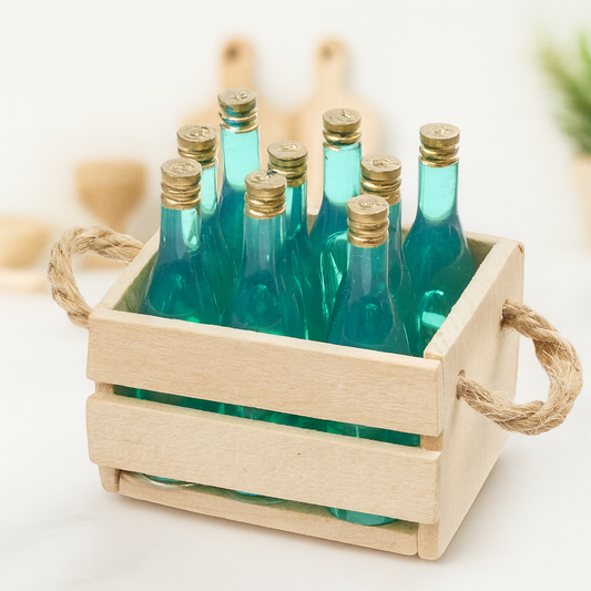 Miniatur Weinkiste ca. 4cm mit 10 Flaschen – Wichtel Zubehör Holz/Kunststoff