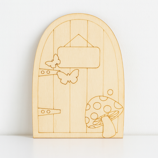 Miniatur Wichteltür aus Holz mit Schild, Schmetterlingen & Pilz 6,5x10x0,3cm – Zubehör für Puppenhaus, Diorama und Modellbau