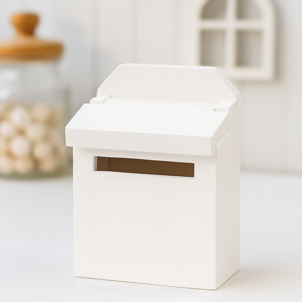 Miniatur Briefkasten aus Holz weiß 4,6x6,9x2,6cm – Wichtel Zubehör für Puppenhaus, Diorama und Modellbau