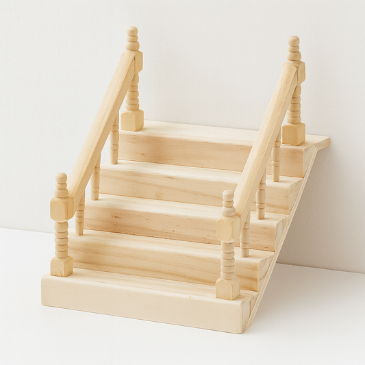 Miniatur Treppe mit Geländer 10,5cm – naturbelassenes Wichtel Zubehör aus Holz für Puppenhaus, Diorama und Modellbau