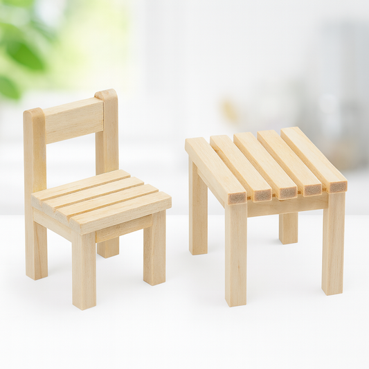Miniatur Tisch und Stuhl aus Holz, ca. 3x3x5,5cm – Wichtel Zubehör für Puppenhaus, Diorama und Modellbau