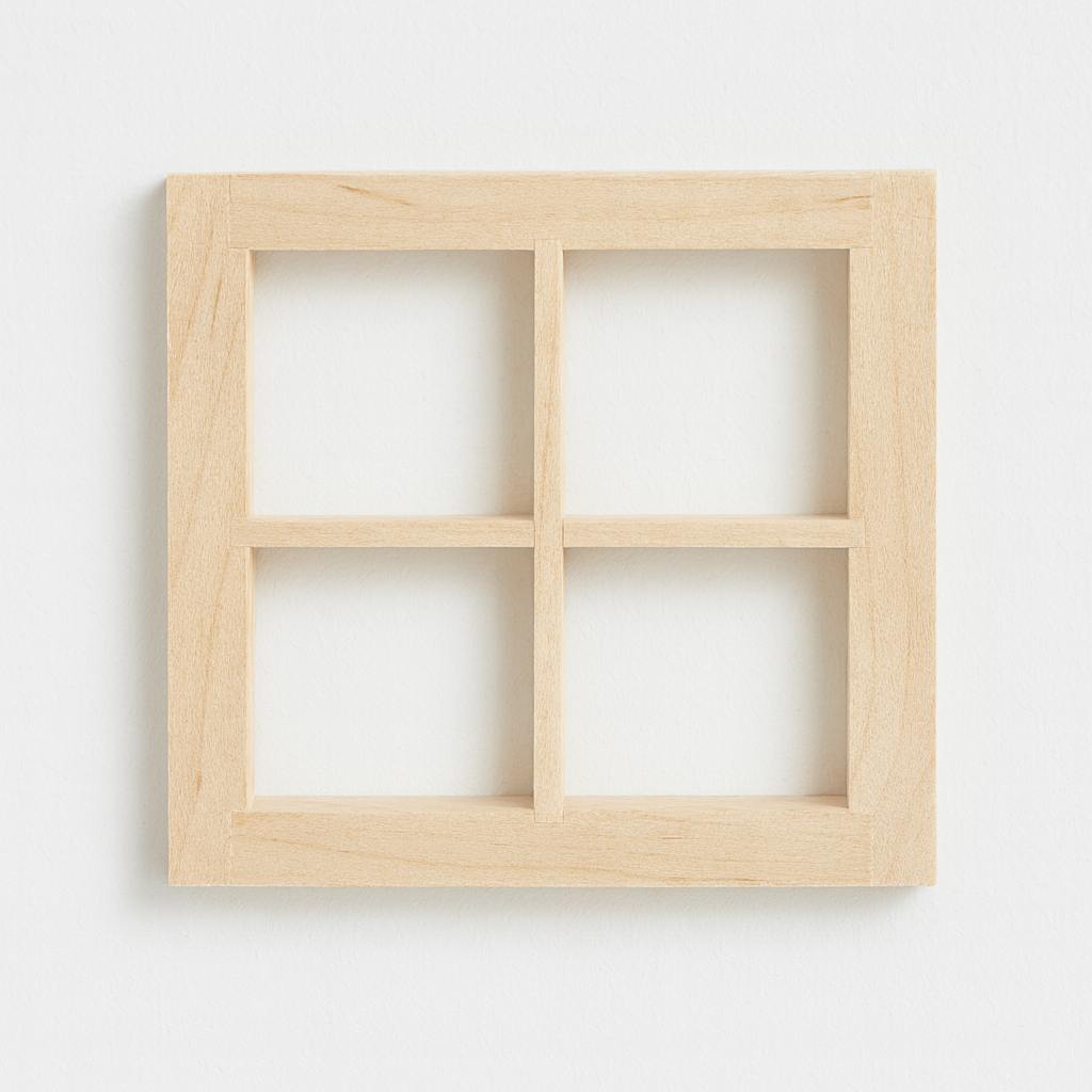 Miniatur Fenster aus Holz 7x7x1,1cm – Wichtel Zubehör für Puppenhaus, Diorama und Modellbau