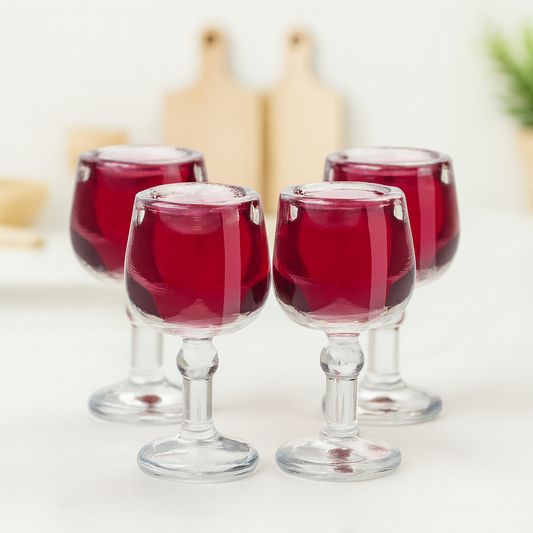 Miniatur Weinglas 4-teilig ca. 2cm mit rotem Wein-Effekt – Wichtel Zubehör Kunststoff