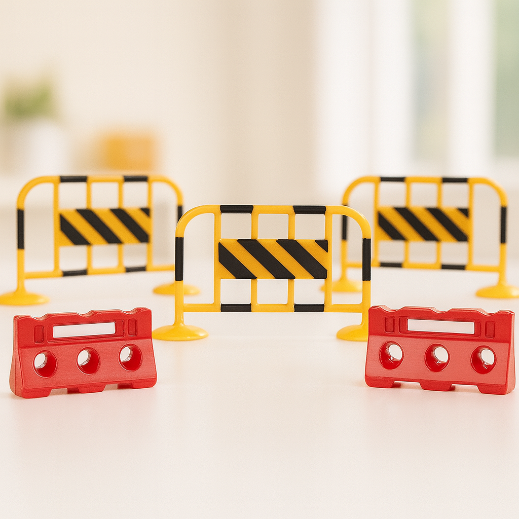 Miniatur Absperrung 6er-Set, ca. 5,5x3 cm, Kunststoff, rot-weiß und gelb-schwarz. Zubehör für Wichtel-Baustelle, Puppenhaus und Diorama.