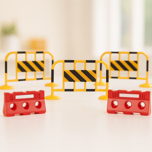Miniatur Absperrung 6er-Set, ca. 5,5x3 cm, Kunststoff, rot-weiß und gelb-schwarz. Zubehör für Wichtel-Baustelle, Puppenhaus und Diorama.