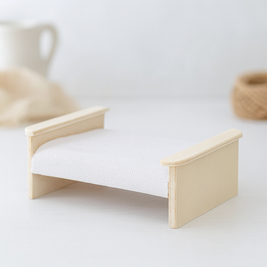 Miniatur Bett 9cm aus Holz mit weißer Decke – Wichtel Zubehör für Puppenhaus & Diorama