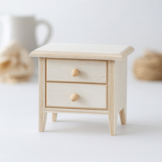 Miniatur Nachtschrank 4,9cm aus Holz – Wichtel Zubehör für Puppenhaus & Diorama