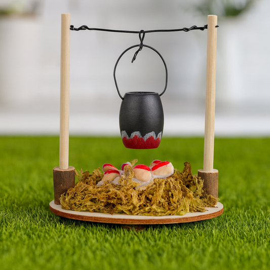 Miniatur Feuerstelle mit Topf ca. 7x7x8,5 cm aus Holz & Stoff – Wichtel Zubehör mit Lichtfunktion und CR2032 Knopfzelle