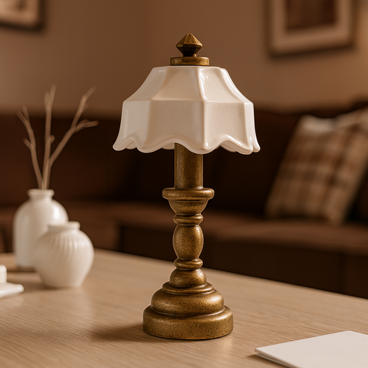 Miniatur Tischlampe messing-weiß ca. 2x4,3 cm aus Kunststoff – Wichtel Zubehör für Puppenhaus, Diorama und Wichtelwelt