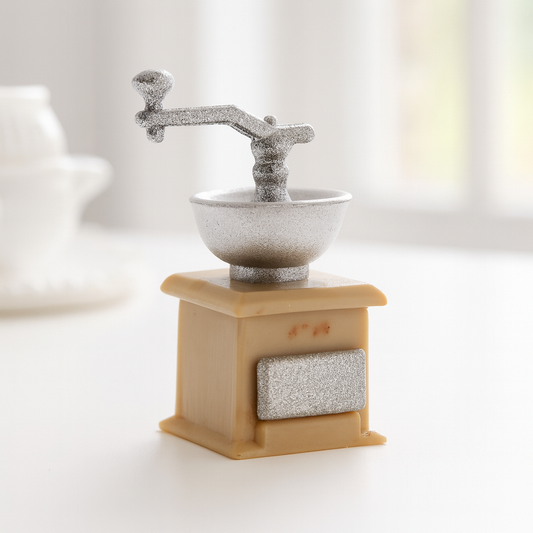 Miniatur Kaffeemühle braun-silber ca. 2,5x1 cm, Wichtel Zubehör für Puppenhaus, Diorama und Wichtelwelt