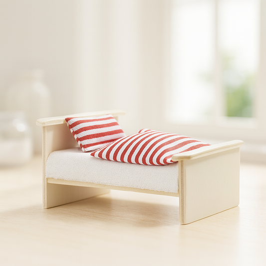 Miniatur Wichtel Zubehör Bettdecke 5,5x6cm & Kissen 4x2cm aus Stoff, rot-weiß gestreift