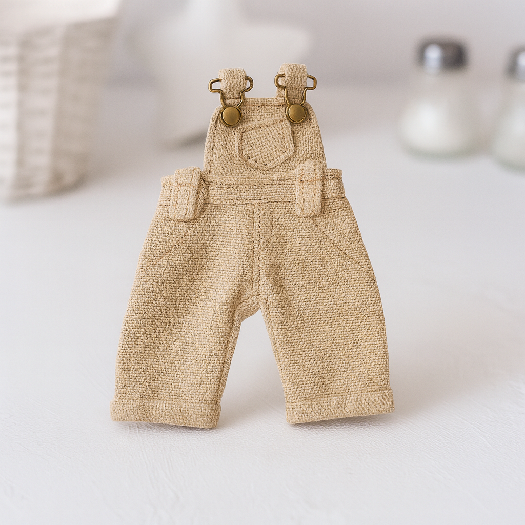 Miniatur Latzhose beige ca. 8,5x4 cm aus Stoff – Wichtel Zubehör für Puppenhaus, Diorama und Wichtelwelt