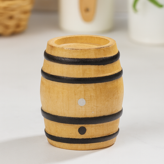 Miniatur Fass ca. 4x2,5cm naturfarben mit schwarzen Ringen – Wichtel Zubehör Holz