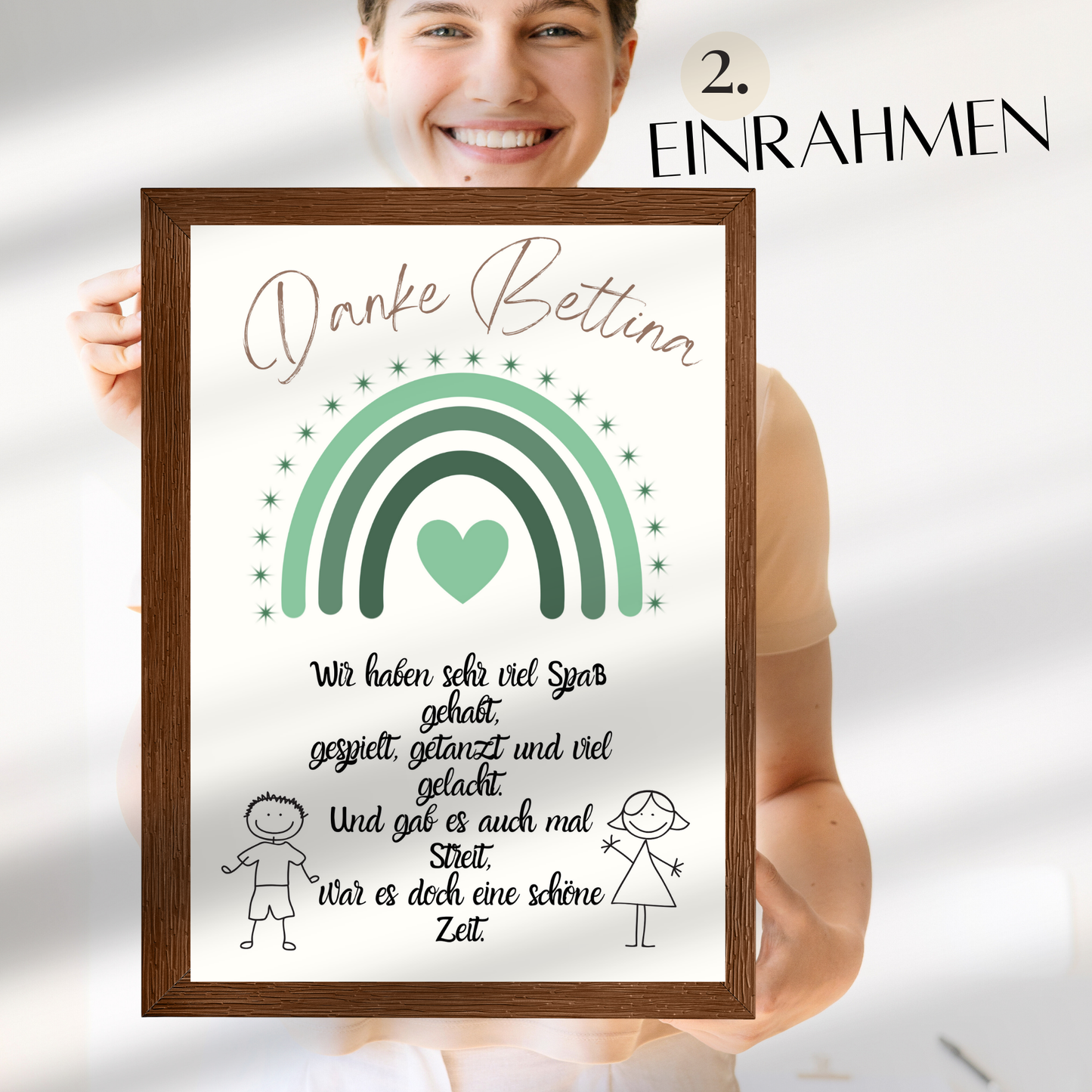 Personalisierbares Abschiedsgeschenk für Erzieherin mit grünem Regenbogen. Digitaler Download als PDF. Ideal zum Kita-Abschluss – einfach ausdrucken & schenken.