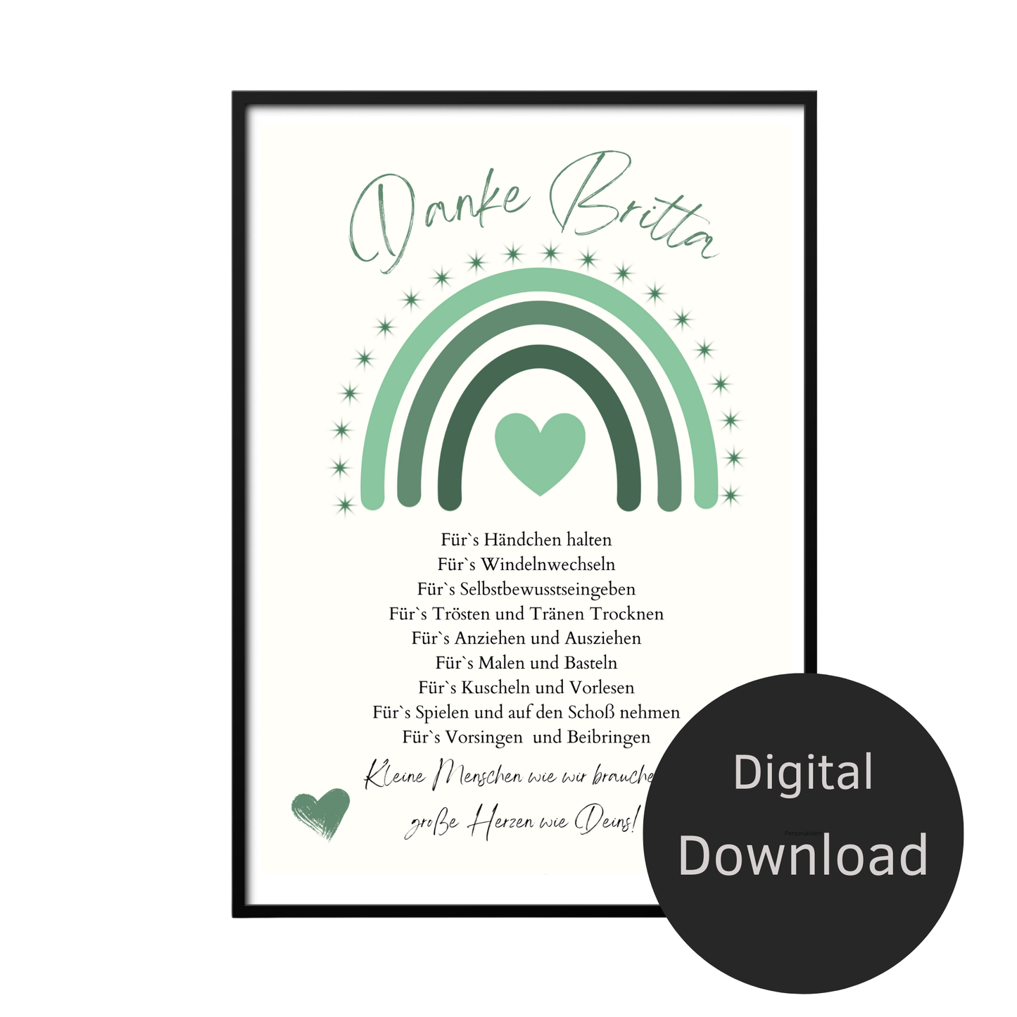 Personalisiertes Abschiedsgeschenk Erzieherin/Erzieher – Danke Poster Regenbogen Grün | Digitaler Download | Last Minute Geschenk zum Ausdrucken.