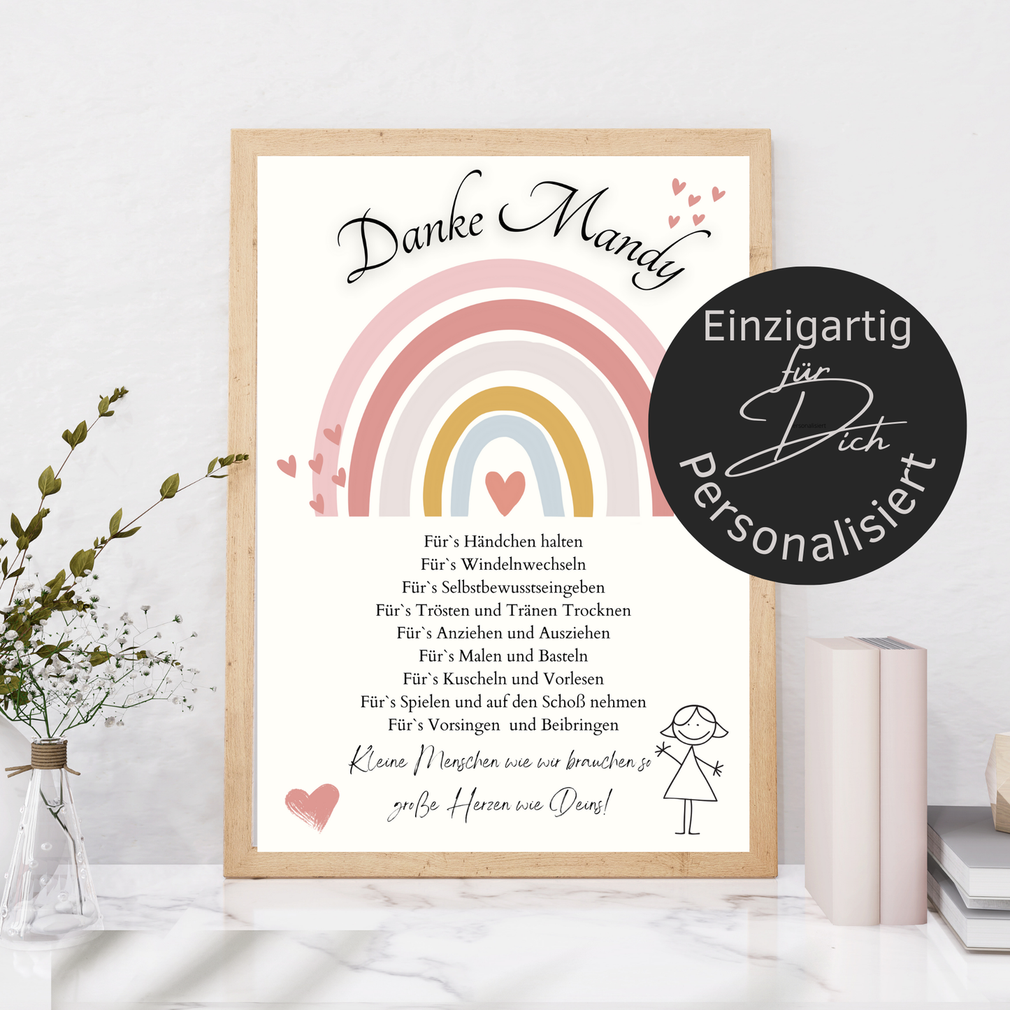 Personalisierbares Abschiedsgeschenk Erzieherin/Erzieher – Rosa-Regenbogen-Danke-Poster als Digitaler Download, DIN A4. Perfekt als Last-Minute-Geschenk.