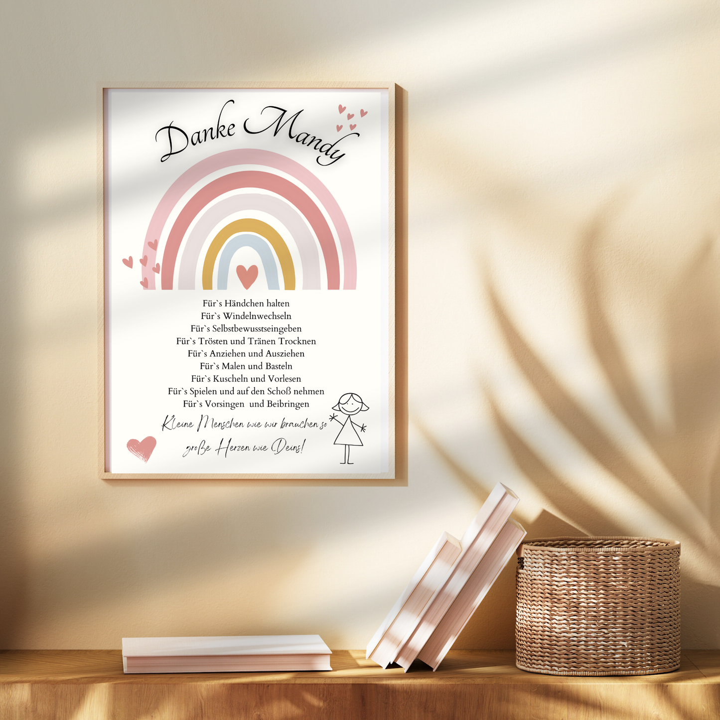 Personalisierbares Abschiedsgeschenk Erzieherin/Erzieher – Rosa-Regenbogen-Danke-Poster als Digitaler Download, DIN A4. Perfekt als Last-Minute-Geschenk.