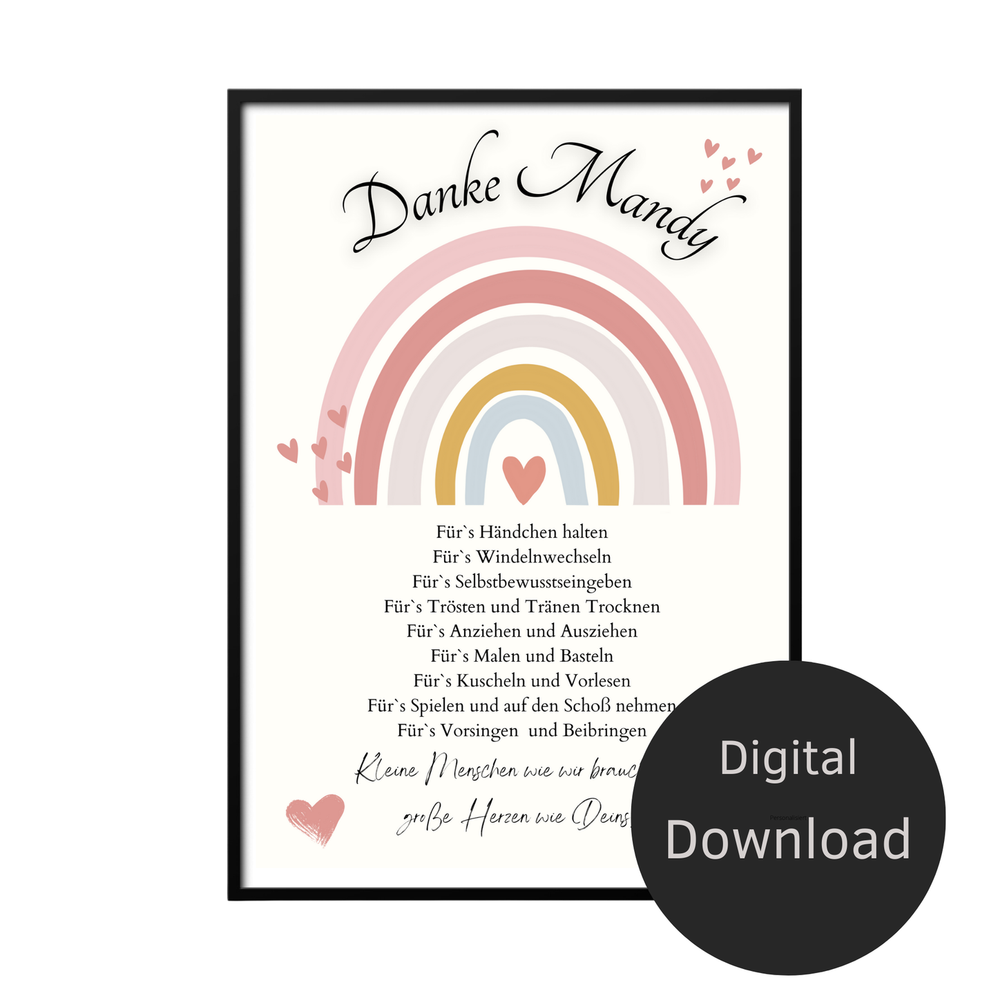 Personalisierbares Abschiedsgeschenk Erzieherin/Erzieher – Rosa-Regenbogen-Danke-Poster als Digitaler Download, DIN A4. Perfekt als Last-Minute-Geschenk.