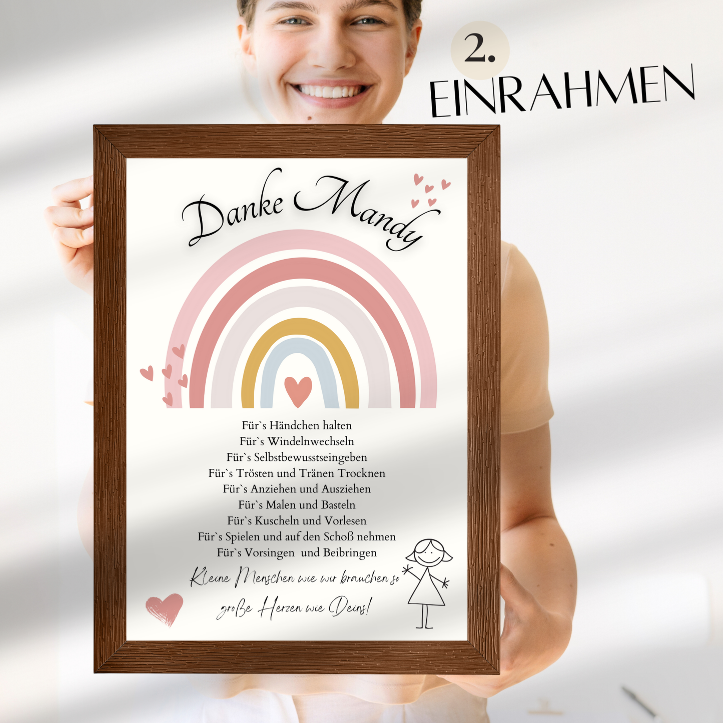 Personalisierbares Abschiedsgeschenk Erzieherin/Erzieher – Rosa-Regenbogen-Danke-Poster als Digitaler Download, DIN A4. Perfekt als Last-Minute-Geschenk.