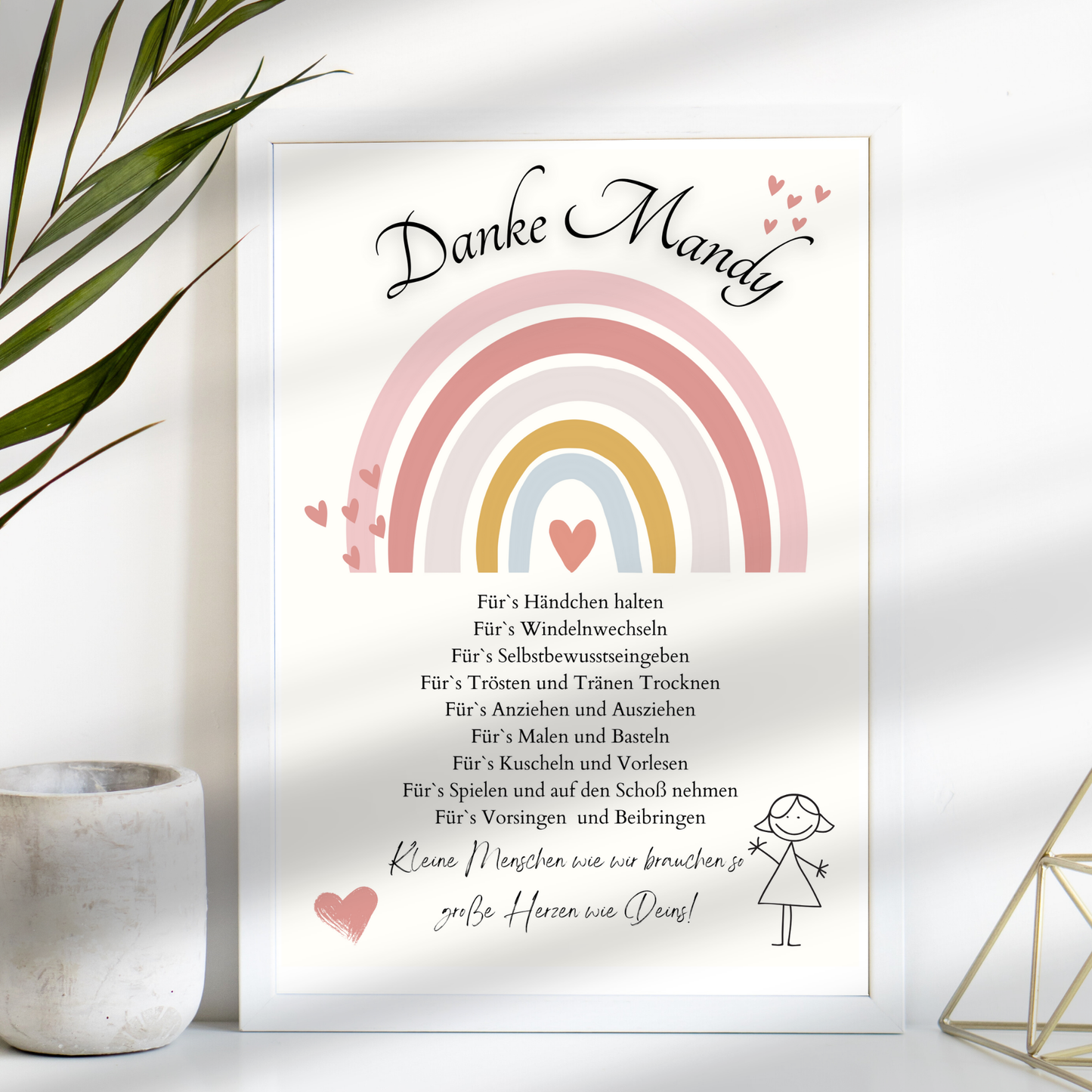 Personalisierbares Abschiedsgeschenk Erzieherin/Erzieher – Rosa-Regenbogen-Danke-Poster als Digitaler Download, DIN A4. Perfekt als Last-Minute-Geschenk.