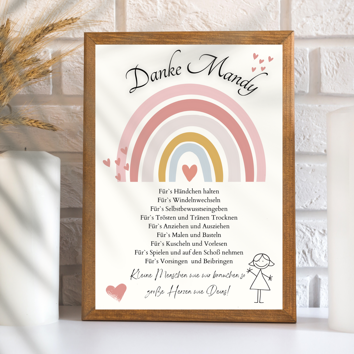Personalisierbares Abschiedsgeschenk Erzieherin/Erzieher – Rosa-Regenbogen-Danke-Poster als Digitaler Download, DIN A4. Perfekt als Last-Minute-Geschenk.