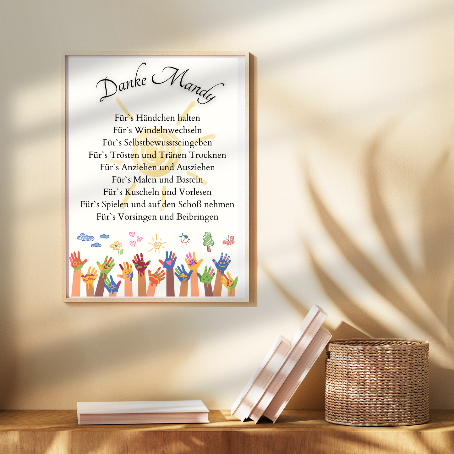 Personalisiertes Danke-Poster zum Abschied einer Erzieherin/ eines Erziehers. Bunte Kinderhände, Digitaler Download A4 – Last-Minute Geschenkidee.