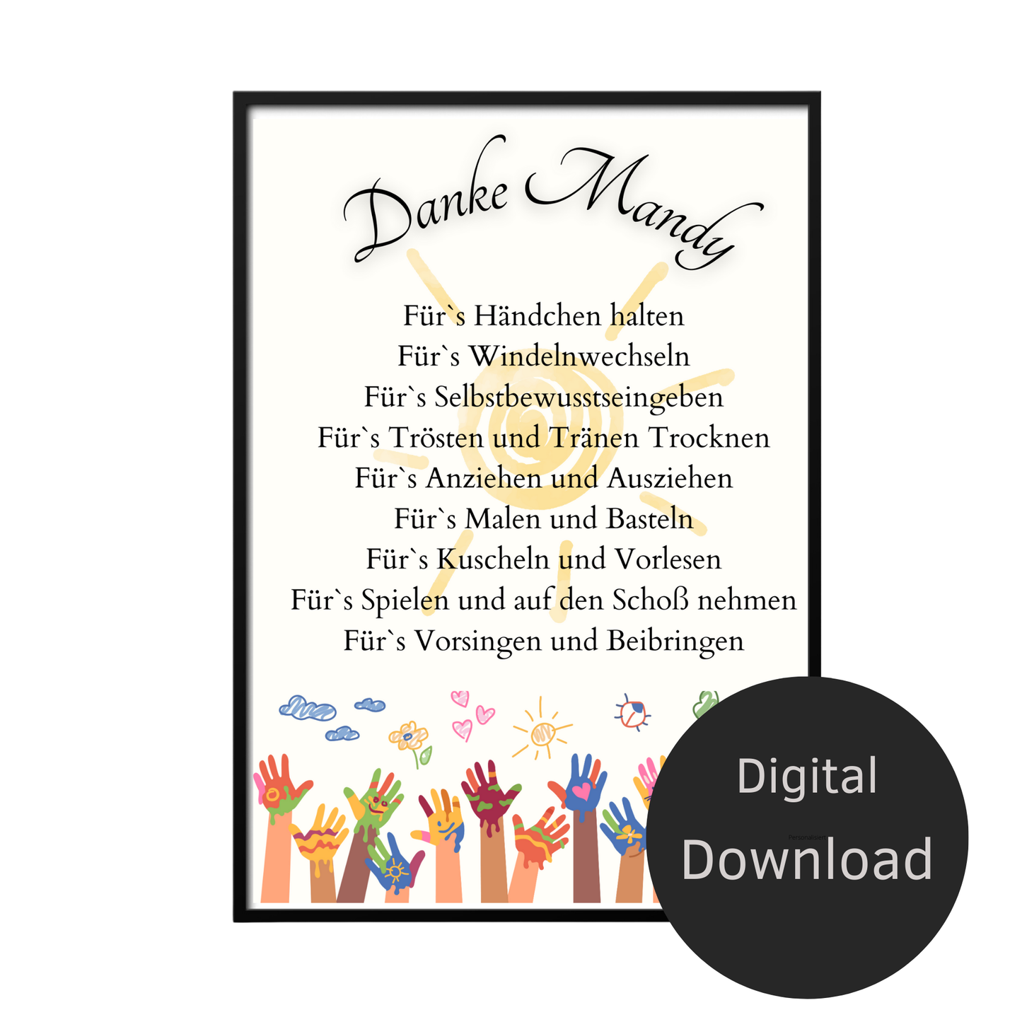 Personalisiertes Danke-Poster zum Abschied einer Erzieherin/ eines Erziehers. Bunte Kinderhände, Digitaler Download A4 – Last-Minute Geschenkidee.