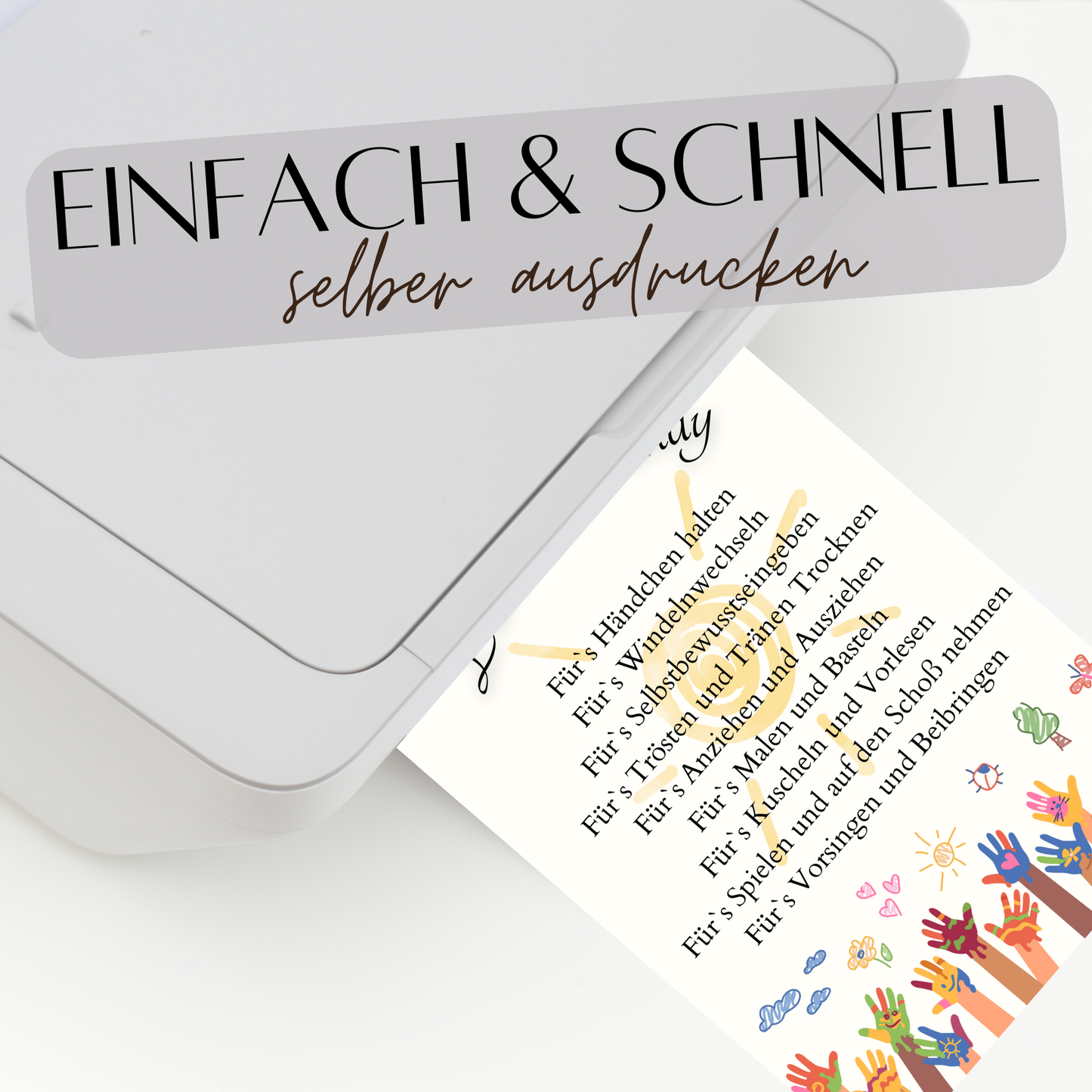 Personalisiertes Danke-Poster zum Abschied einer Erzieherin/ eines Erziehers. Bunte Kinderhände, Digitaler Download A4 – Last-Minute Geschenkidee.