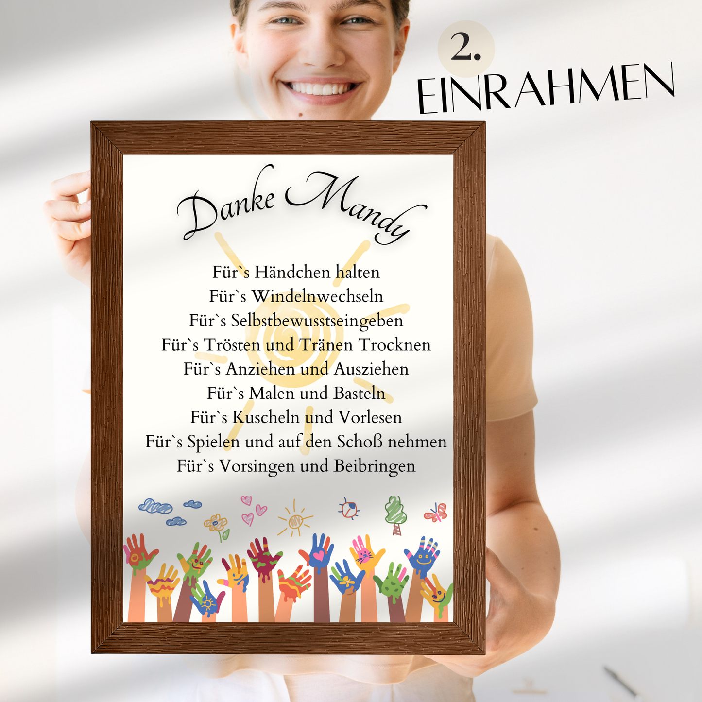 Personalisiertes Danke-Poster zum Abschied einer Erzieherin/ eines Erziehers. Bunte Kinderhände, Digitaler Download A4 – Last-Minute Geschenkidee.