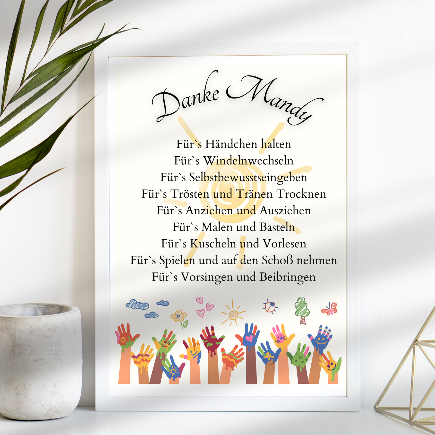 Personalisiertes Danke-Poster zum Abschied einer Erzieherin/ eines Erziehers. Bunte Kinderhände, Digitaler Download A4 – Last-Minute Geschenkidee.