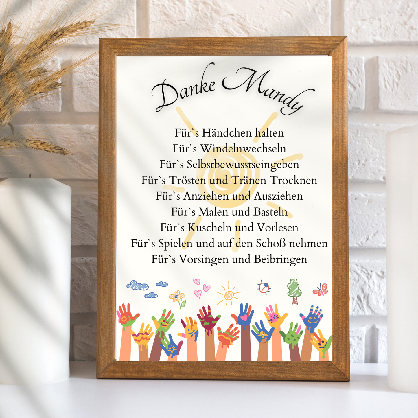 Personalisiertes Danke-Poster zum Abschied einer Erzieherin/ eines Erziehers. Bunte Kinderhände, Digitaler Download A4 – Last-Minute Geschenkidee.