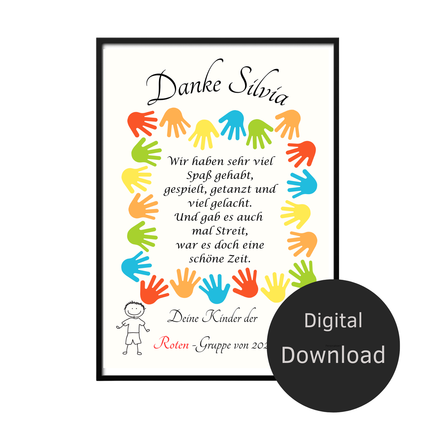 Personalisierbares Abschiedsgeschenk für Erzieher/in mit bunten Kinderhänden als PDF-Download. Last-Minute-Dankeschön zum Ausdrucken.