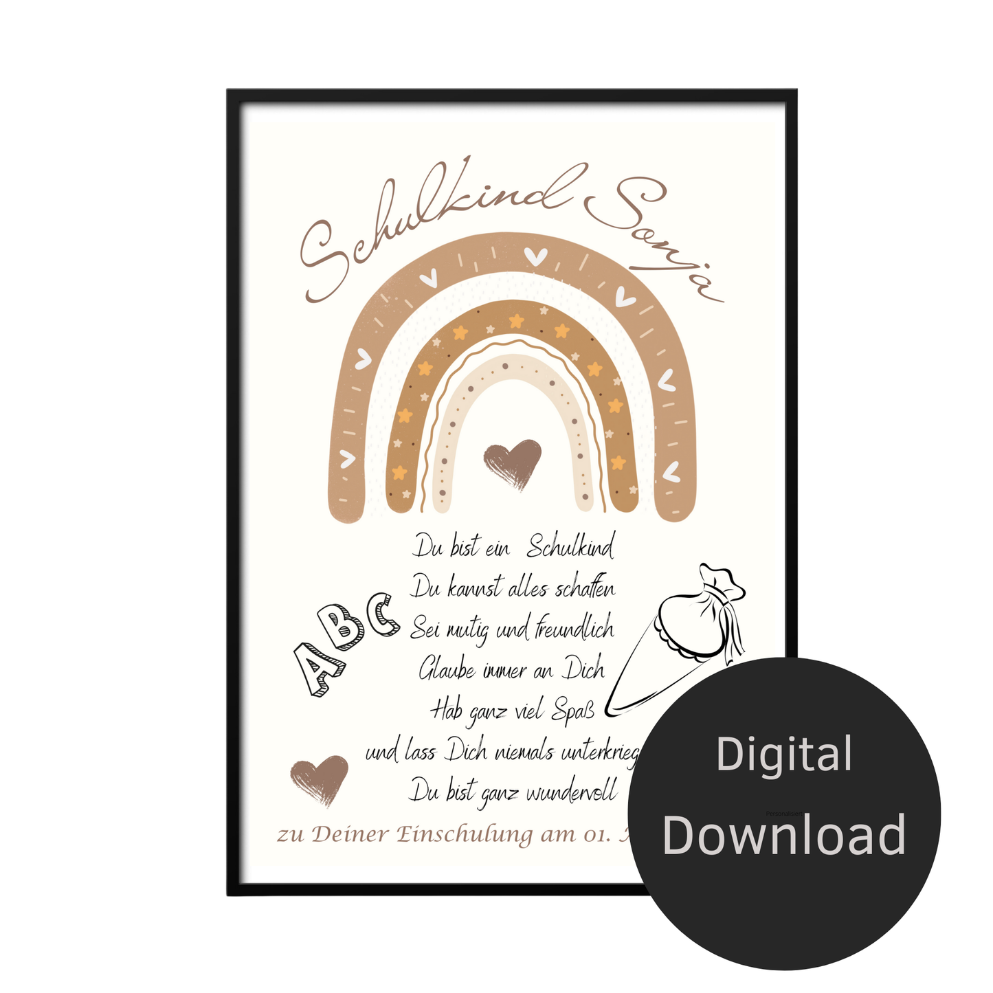 Personalisiertes Einschulungsposter mit Regenbogen & Schultüte. Sofort als PDF downloaden & ausdrucken. Perfektes Geschenk zum ersten Schultag.