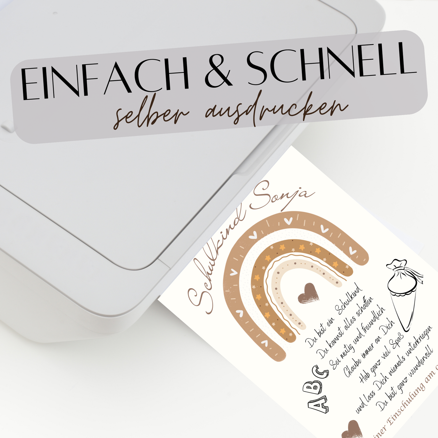 Personalisiertes Einschulungsposter mit Regenbogen & Schultüte. Sofort als PDF downloaden & ausdrucken. Perfektes Geschenk zum ersten Schultag.