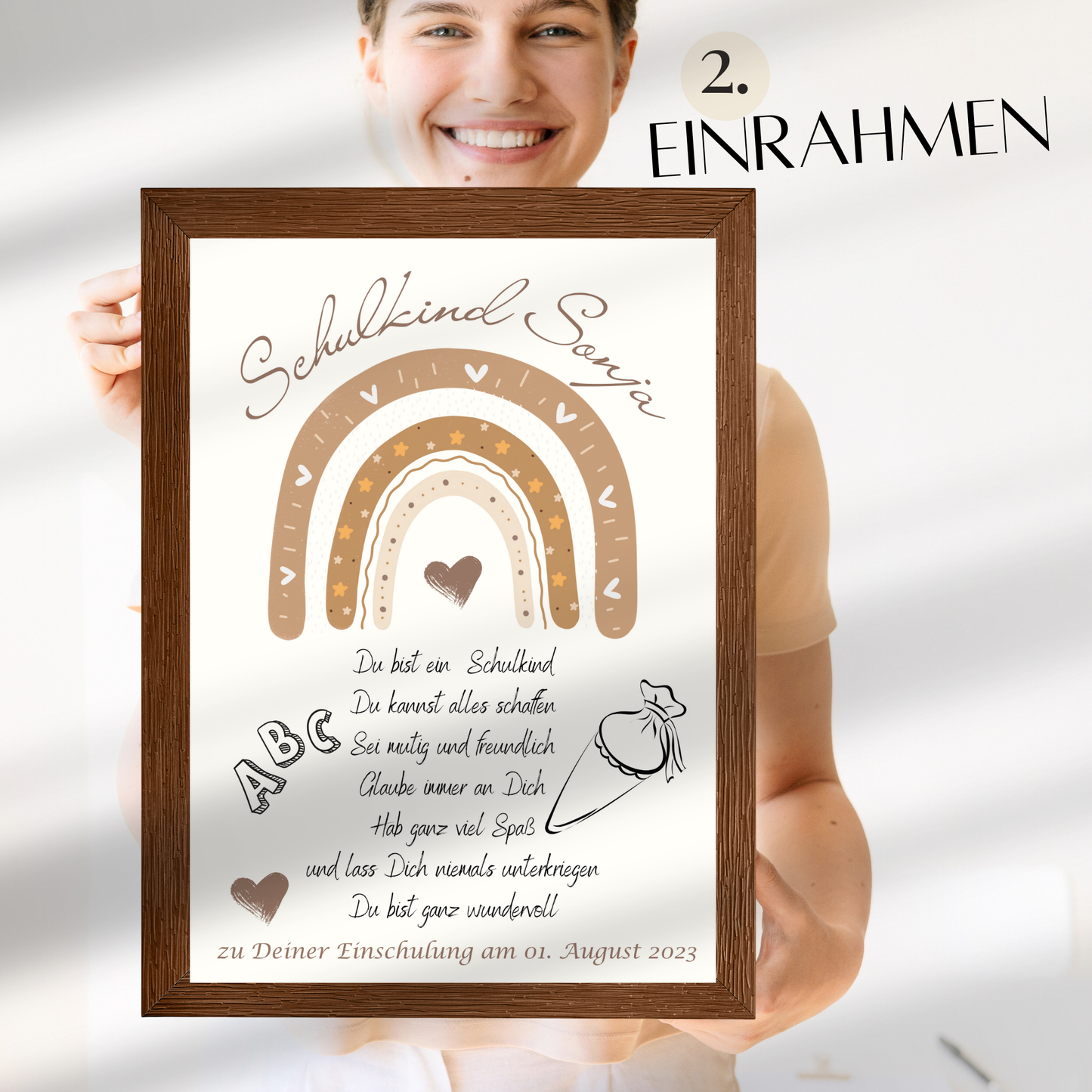 Personalisiertes Einschulungsposter mit Regenbogen & Schultüte. Sofort als PDF downloaden & ausdrucken. Perfektes Geschenk zum ersten Schultag.