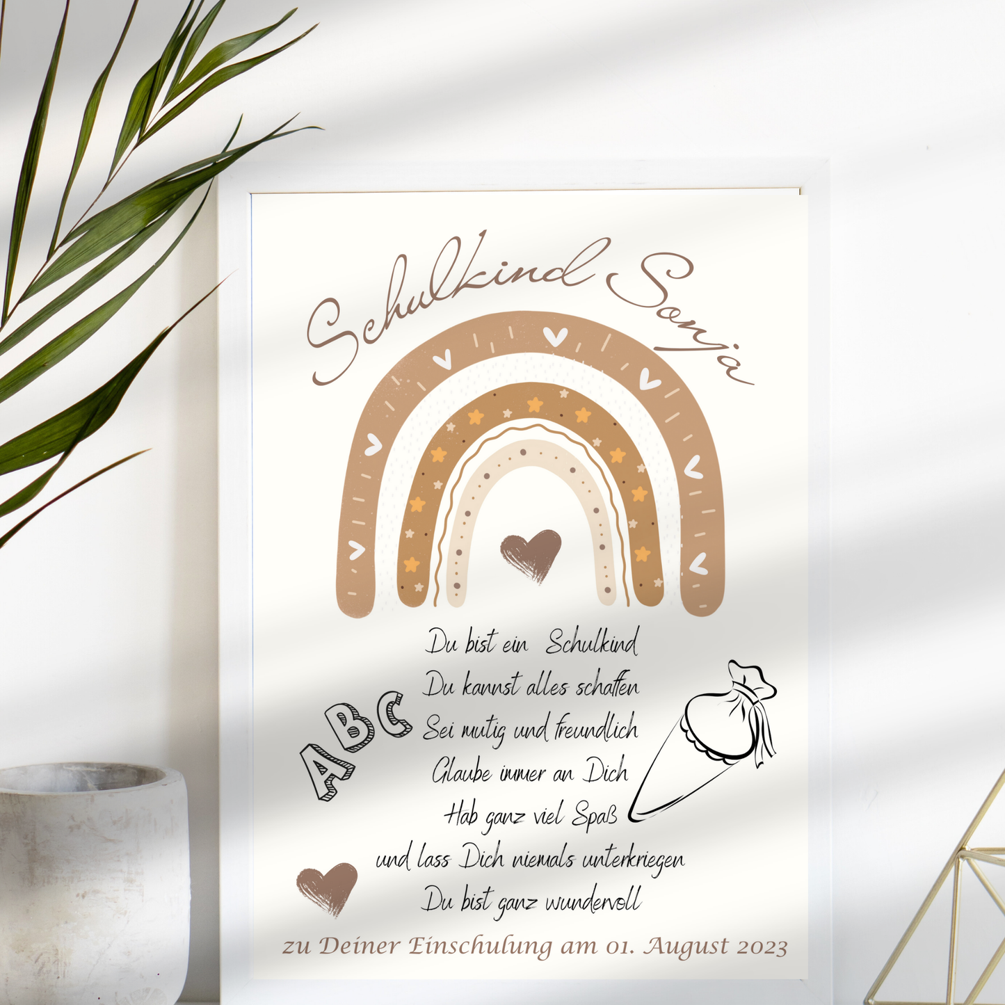 Personalisiertes Einschulungsposter mit Regenbogen & Schultüte. Sofort als PDF downloaden & ausdrucken. Perfektes Geschenk zum ersten Schultag.