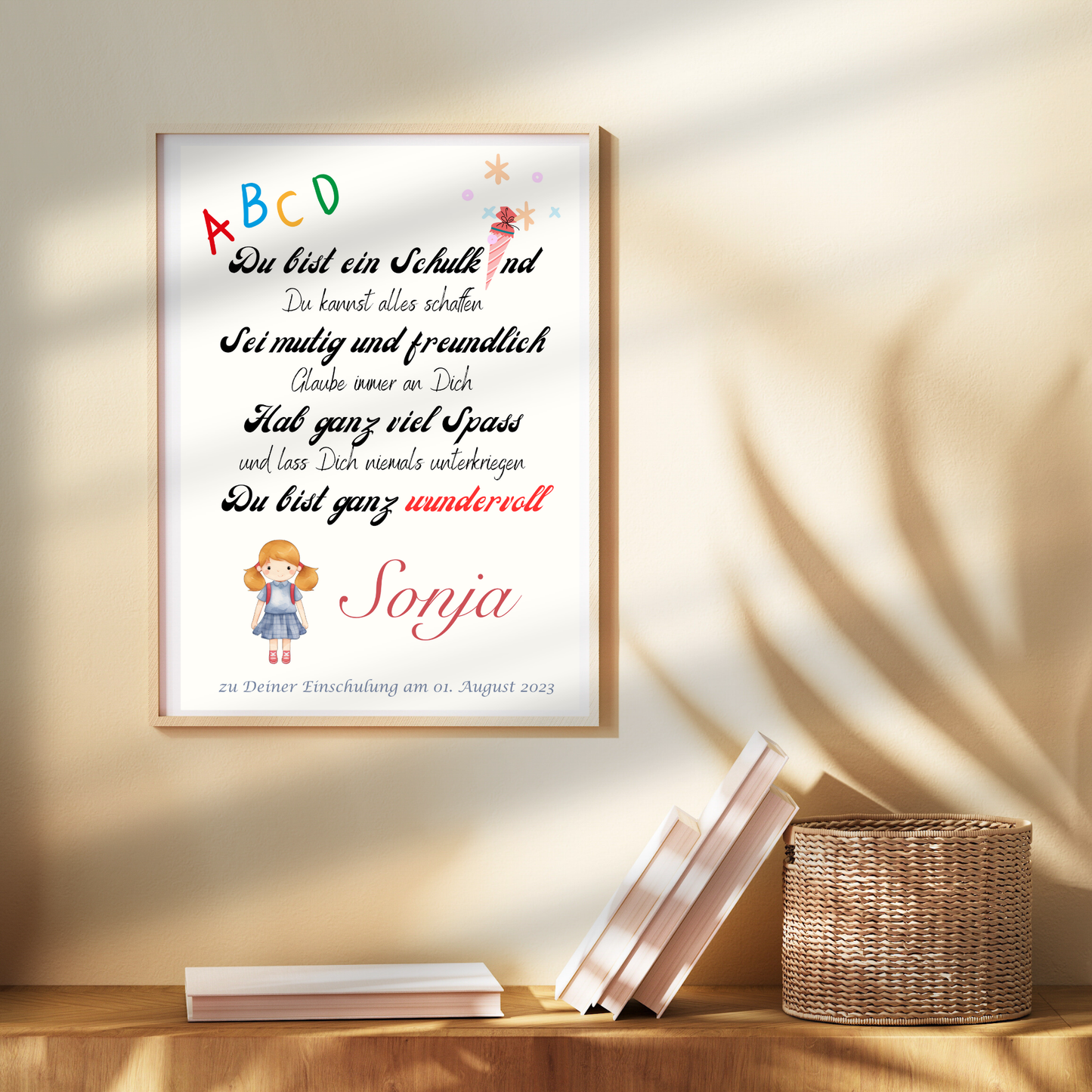 Personalisiertes ABC Poster für Mädchen zur Einschulung – Urkunde erster Schultag mit Name & Datum. Digitaler Download im DIN A4 Format. Perfekt als Last-Minute-Geschenk zum Ausdrucken & Einrahmen.