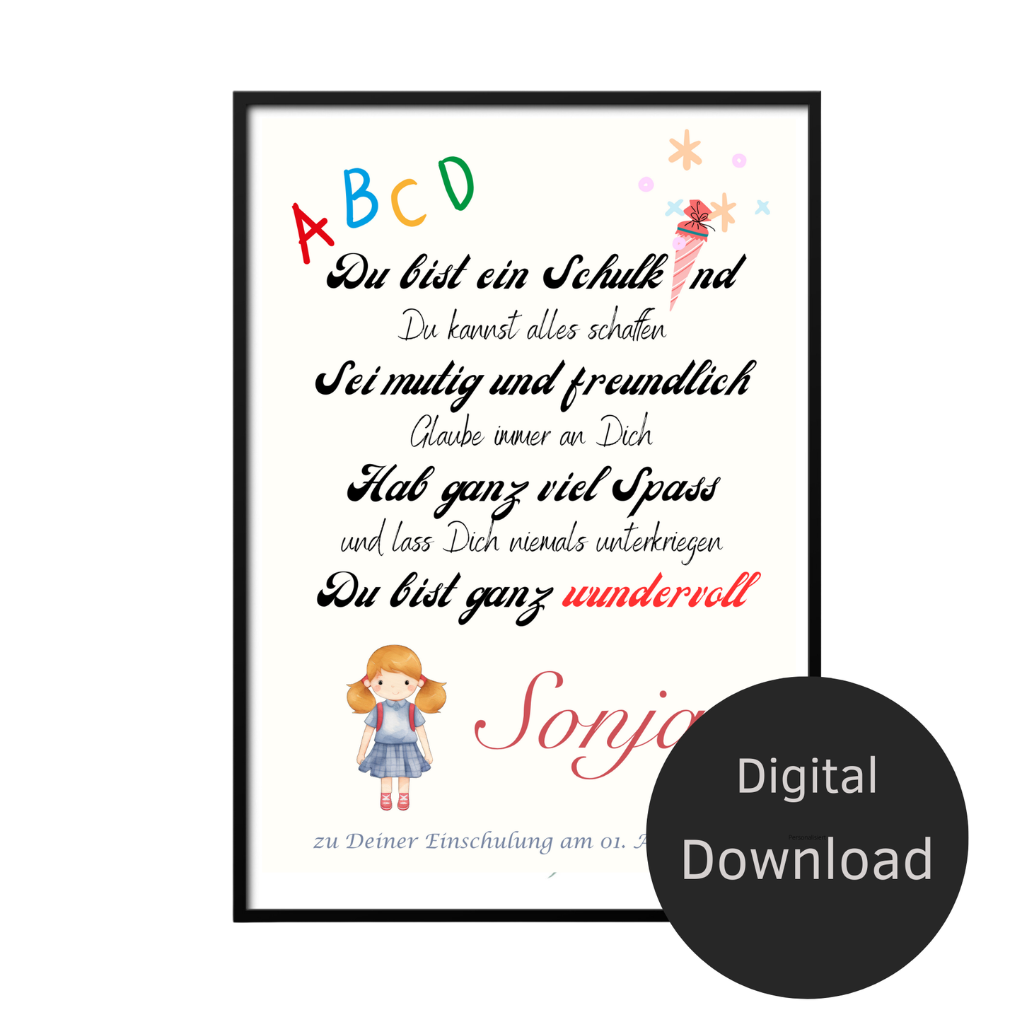 Personalisiertes ABC Poster für Mädchen zur Einschulung – Urkunde erster Schultag mit Name & Datum. Digitaler Download im DIN A4 Format. Perfekt als Last-Minute-Geschenk zum Ausdrucken & Einrahmen.