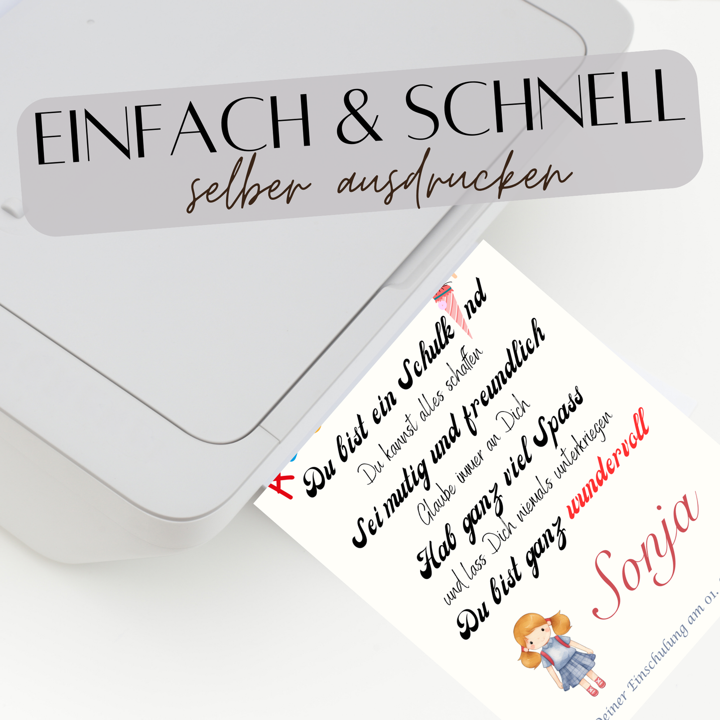 Personalisiertes ABC Poster für Mädchen zur Einschulung – Urkunde erster Schultag mit Name & Datum. Digitaler Download im DIN A4 Format. Perfekt als Last-Minute-Geschenk zum Ausdrucken & Einrahmen.