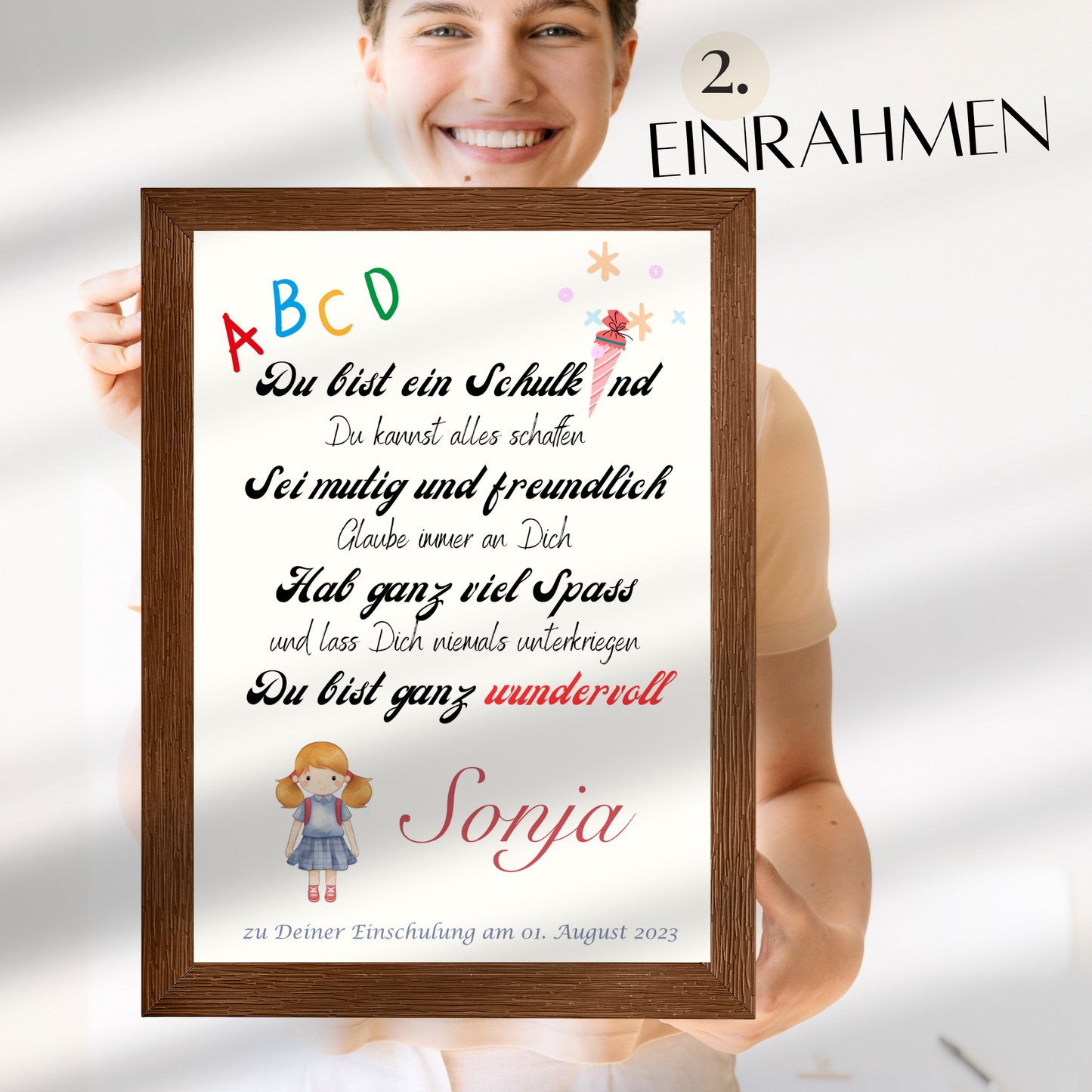 Personalisiertes ABC Poster für Mädchen zur Einschulung – Urkunde erster Schultag mit Name & Datum. Digitaler Download im DIN A4 Format. Perfekt als Last-Minute-Geschenk zum Ausdrucken & Einrahmen.