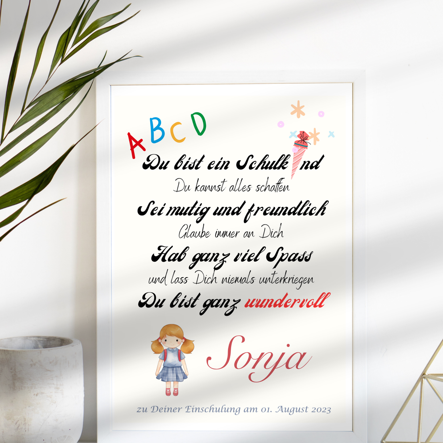 Personalisiertes ABC Poster für Mädchen zur Einschulung – Urkunde erster Schultag mit Name & Datum. Digitaler Download im DIN A4 Format. Perfekt als Last-Minute-Geschenk zum Ausdrucken & Einrahmen.