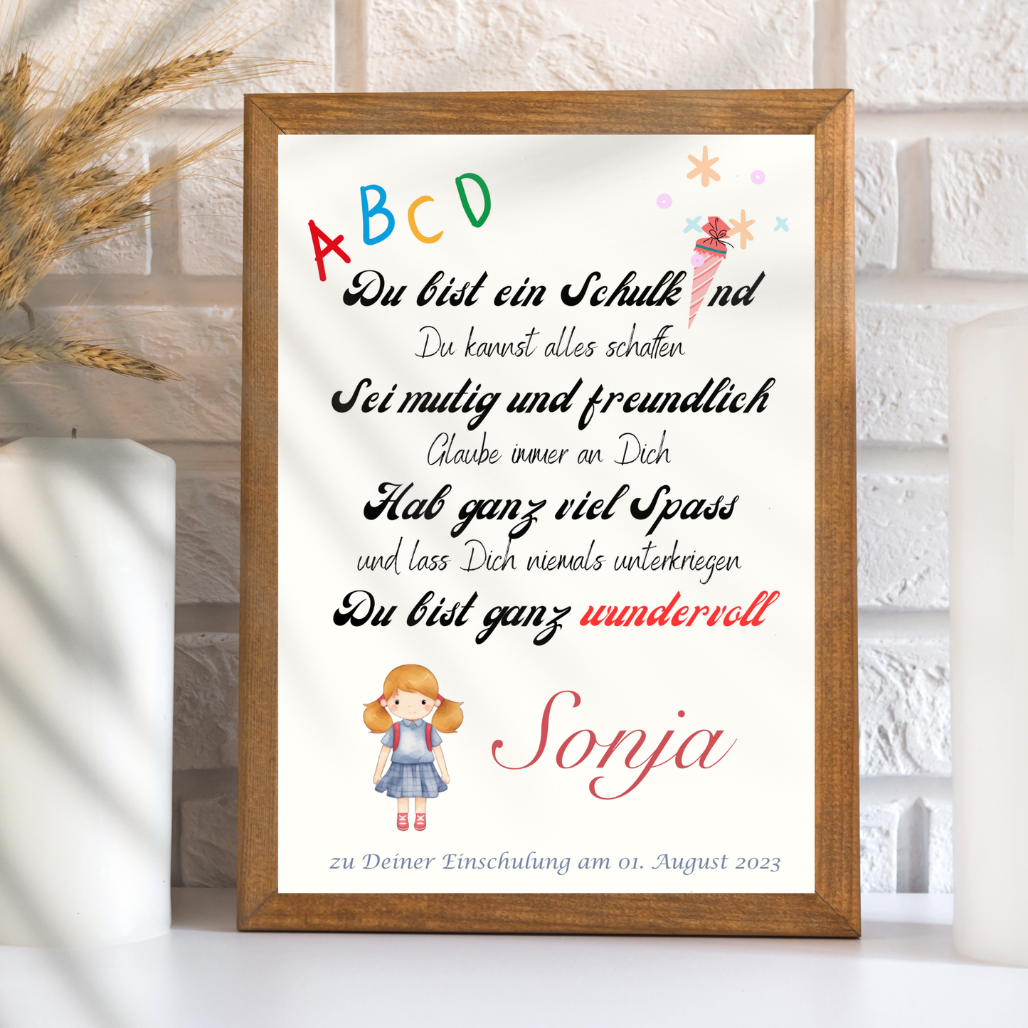 Personalisiertes ABC Poster für Mädchen zur Einschulung – Urkunde erster Schultag mit Name & Datum. Digitaler Download im DIN A4 Format. Perfekt als Last-Minute-Geschenk zum Ausdrucken & Einrahmen.
