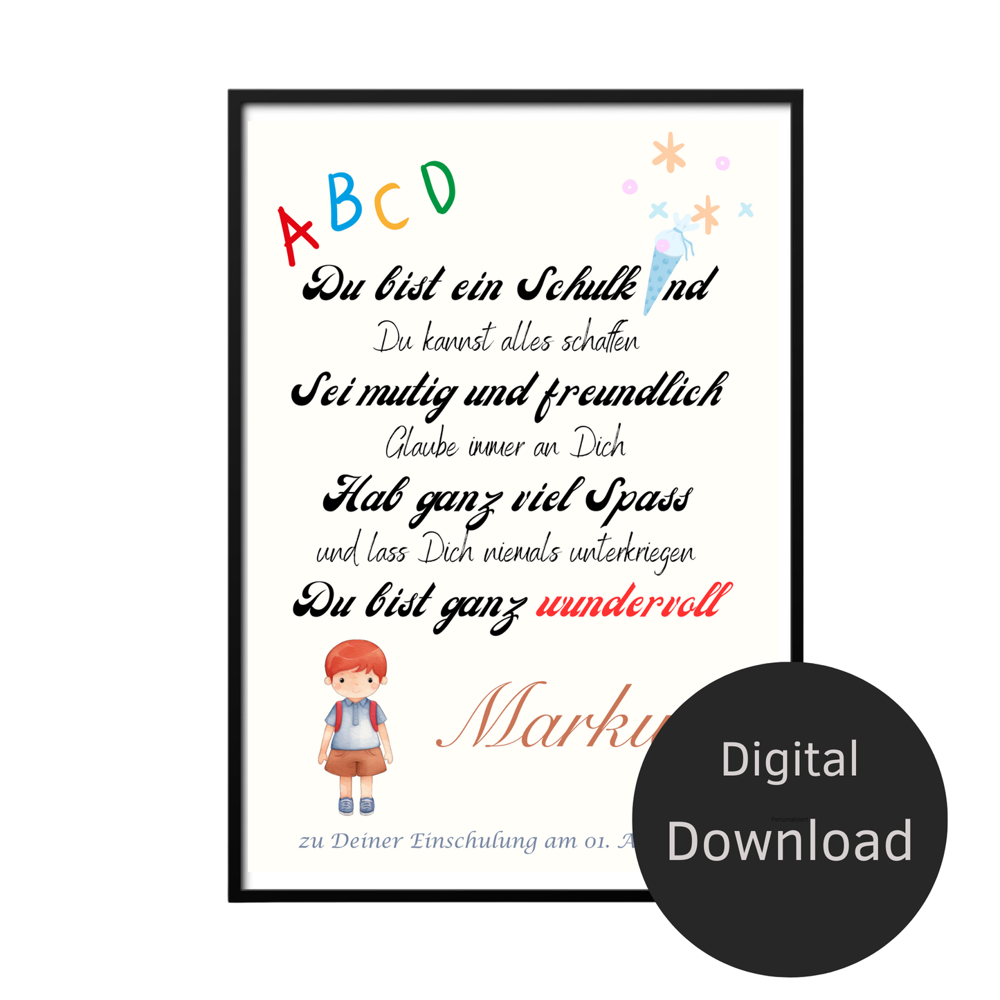 Personalisierte ABC-Urkunde zur Einschulung für Jungen – mit Name & Datum. Digitaler Download als Last-Minute-Geschenk. Einfach ausdrucken & einrahmen.