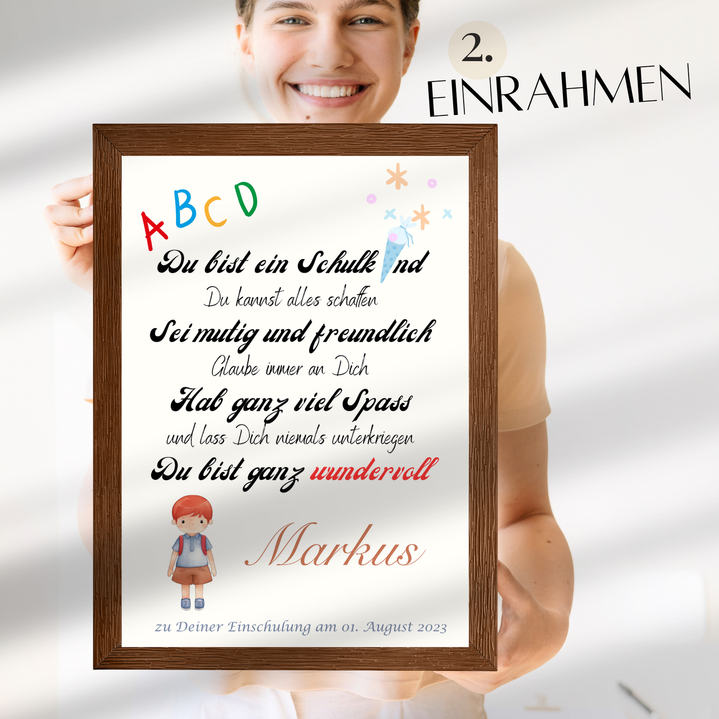 Personalisierte ABC-Urkunde zur Einschulung für Jungen – mit Name & Datum. Digitaler Download als Last-Minute-Geschenk. Einfach ausdrucken & einrahmen.