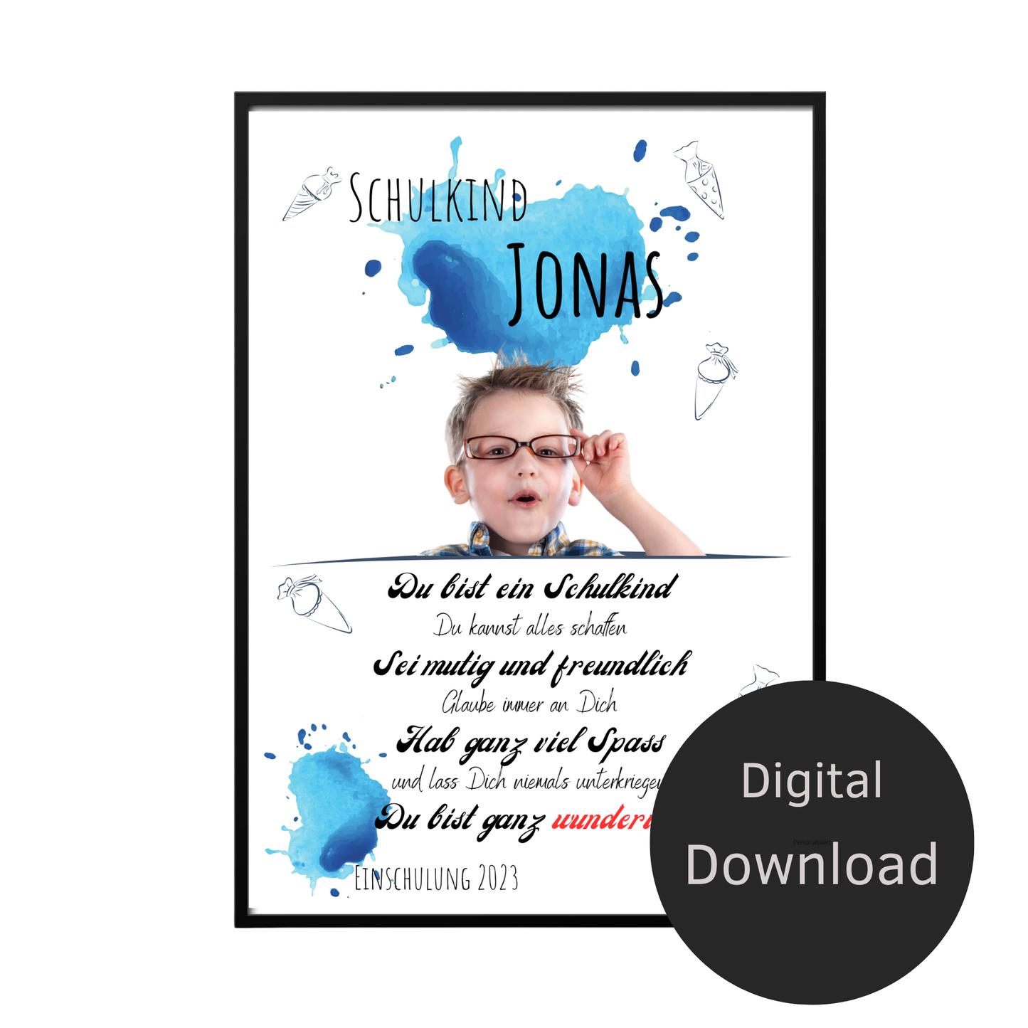 Personalisierte Einschulungs-Urkunde für Jungen mit Foto & Name. Digitaler Download – Last-Minute-Geschenk zum Ausdrucken. Einzigartig & individuell.