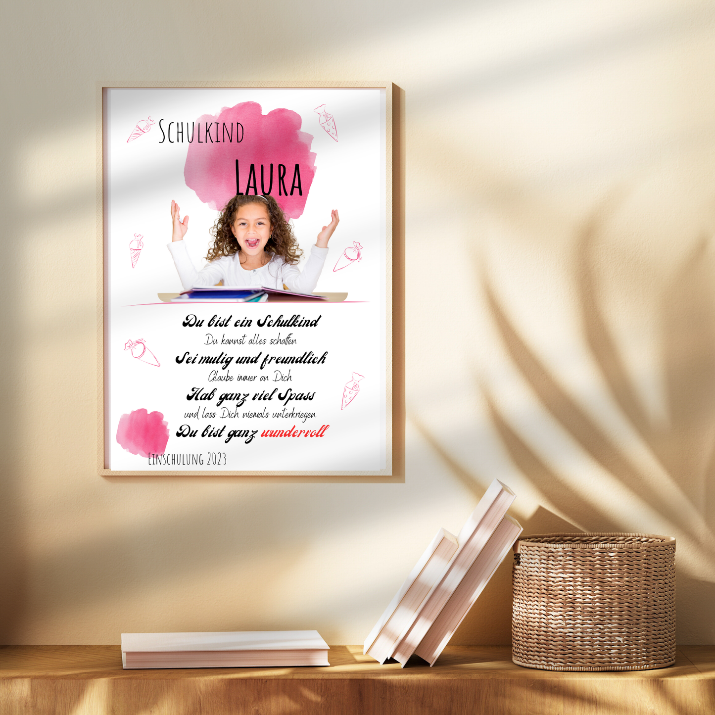 Personalisierte Einschulungs-Urkunde für Mädchen mit Wunschfoto. Digitaler Download, schnell lieferbar, perfekt als Last-Minute-Geschenk.