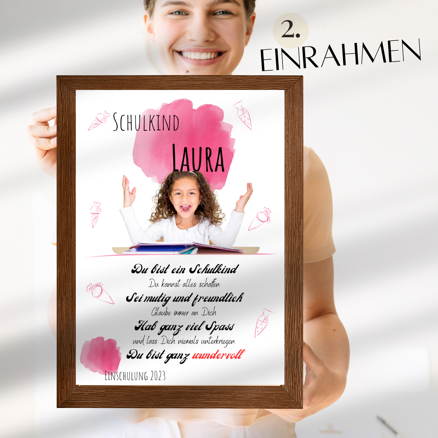 Personalisierte Einschulungs-Urkunde für Mädchen mit Wunschfoto. Digitaler Download, schnell lieferbar, perfekt als Last-Minute-Geschenk.